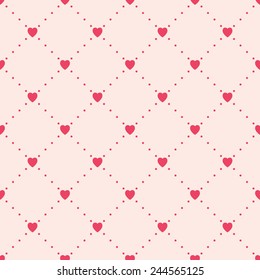 Seamless romantic geometric pattern with hearts. Vector repeating texture. St. Valentine's polka dot on beige background.