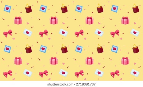 Seamless romantic gift pattern with hearts, love letters, bows, candles, and present boxes on a warm yellow background, expressing affection, celebration, ideal for Valentine and gift designs