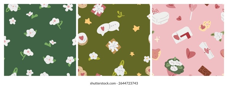 Seamless Romantic Gift Pattern Set. Cute floral and love-themed seamless patterns with gifts, cookies, letters and hearts in pastel and muted tones.

