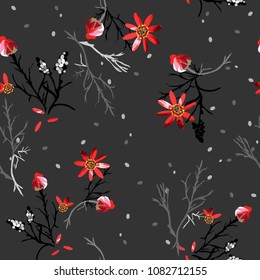 Seamless, romantic, graphic, floral pattern with field plants. Elegant plants scattered randomly on a dark background.Vector for fashion prints, textiles, wallpapers, tiles, wrapping paper