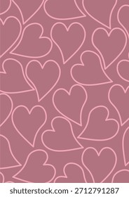 Patrón de contorno de corazón romántico sin fisuras: Fondo rosa polvoriento con superposición, estilo a mano alzada Formas de amor para el día de San Valentín, Boda o diseño de embalaje