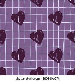 Patrón cardíaco romántico sin inconveniente con elementos dibujados a mano. Siluetas dibujadas a mano de San Valentín en un fondo a cuadros. Perfecto para papel pintado, textil, papel envolvente, impresión de tela. Ilustración vectorial.