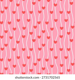 Seamless romantic heart pattern with red hearts on flowing white lines over soft pink background

