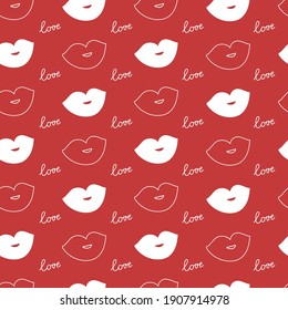 Seamless romantic love lettering pattern and red lip kiss silhouettes. Vector illustration