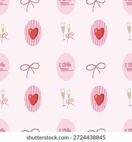 Patrón romántico inconsútil de los símbolos del amor con los mensajes de los corazones y el champán para las tarjetas de San Valentín