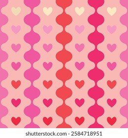 Seamless romantic pattern in a 60s and 70s style featuring hearts. Minimalist geometric vector design in shades of red and pink