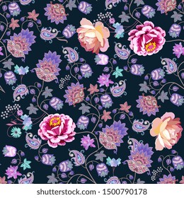 Nahtloses romantisches Muster mit Garten- und Fantasy-Blumen, Blättern, kleinen Beeren und Paisley auf schwarzem Hintergrund. Druck für Stoff. 