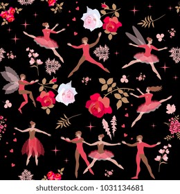 Seamless romantic pattern with ballet dancers in red clothes, beautiful big roses, leaves and hearts. Bright vector illustration. Print for fabric, paper, wallpaper.