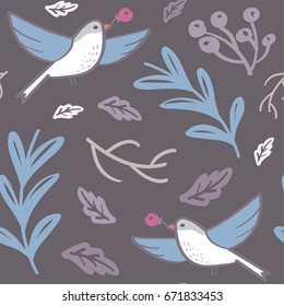 seamless romantic pattern with birds and twigs