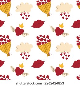 Seamless romantic pattern with bouquet, lips and hearts. Great for wrapping paper and textiles