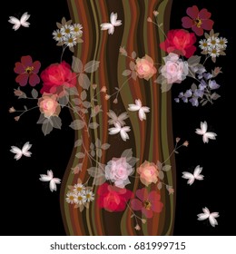 Seamless romantic pattern with bouquets of gardening flowers and butterflies on stylized tree trunk background.