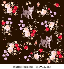Seamless romantic pattern with bouquets of roses and little kittens isolated on black background in vector. Print for fabric in retro style.