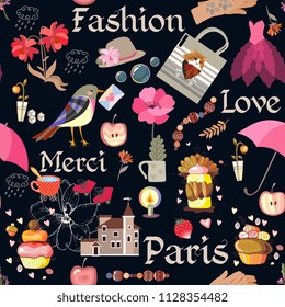 Seamless romantic pattern with candle, house, cup of tea, various flowers, cakes, bird with envelope, hat, dress, bag, hearts, apples and strawberry on black background in vector. Text "Paris, merci".