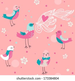 Seamless romantic pattern with cartoon birds. Seamless pattern can be used for wallpapers