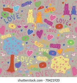 seamless romantic pattern with cat, bird, envelope & tree