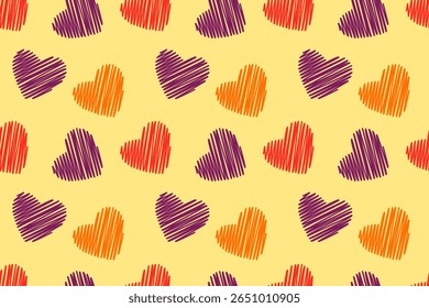 Seamless romantic pattern with colored hearts on a yellow background. Vector illustration for projects