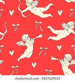 Seamless romantic pattern with cupids. Love symbols, signs, icons. Valentine's day or wedding background.