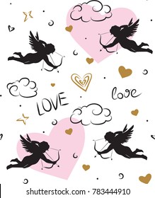 Seamless romantic pattern with cupids. Love symbols, signs, icons. Valentine's day or wedding background.