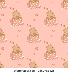 Seamless romantic pattern. Cute enamored capybara in polka dot cup with marshmallows on pink background with hearts. Vector illustration. Ornament template valentine with animal character