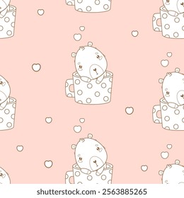 Seamless romantic pattern. Cute enamored capybara in cup on soft pink background with hearts. Vector illustration. Outline Ornament template valentine with animal character