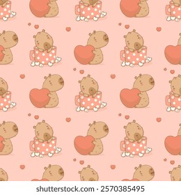 Seamless romantic pattern. Cute enamored capybara with big heart and thoughtful animal in polka dot cup with marshmallows on pink background. Vector illustration. Ornament template valentine