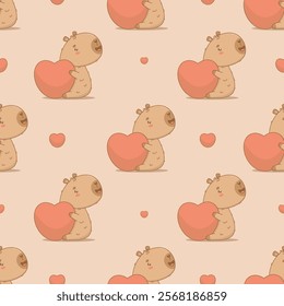 Seamless romantic pattern. Cute happy cartoon capybara with big heart on beige background. Vector illustration. Ornament template valentine