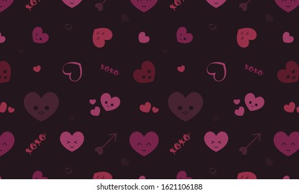 Seamless, romantic pattern with cute hearts with emoji faces and arrows in shades of red and pink. Great as wrapping paper or backgrounds, backdrops and banners.