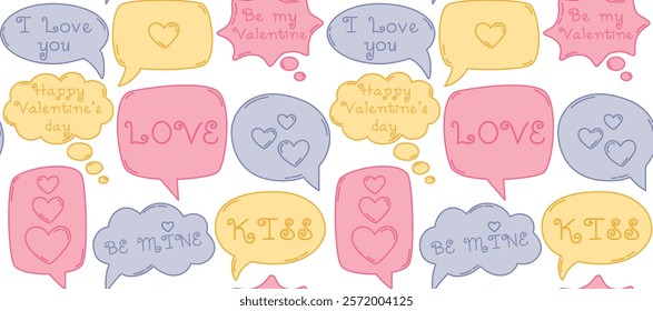 Seamless romantic pattern with different shape speech bubbles with words of love. Valentine's Day background	