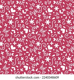 Seamless romantic pattern in doddle style on viva magenta pantone colour background. Valentine's day, wedding, mother's day.