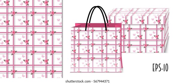 Seamless romantic pattern with doodle butterflies and roses for festive pack paper, birthday packing gift, print textile, fabric clothes. Mock-up paper bag and gift box. eps 10.
