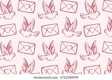 Padrão romântico perfeito com pomba e carta de amor. Fundo desenhado à mão do dia dos namorados para artigos de papelaria do casamento, têxteis, papel de embrulho e design de superfície romântico.