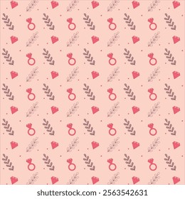 Seamless romantic pattern with engagement rings, hearts, and delicate leaves in soft pastel tones. Perfect for weddings, Valentine's Day, and romantic-themed designs. Flat minimal style.