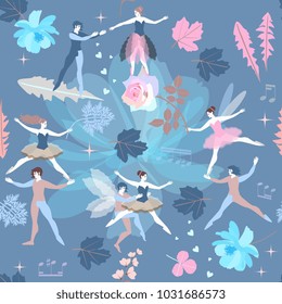 Seamless romantic pattern with fairies and elves, blue cosmos flowers, pink rose and bell flower. Vector illustration.