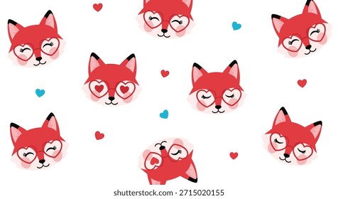 Un patrón romántico sin fisuras con lindas caras de zorro rojo con gafas en forma de corazón, rodeado de Pequeños corazones rojos y azules.