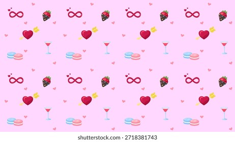 Seamless romantic pattern featuring hearts, strawberries, infinity symbols, cocktails, macarons, and small hearts on a soft pink background, expressing love, sweetness, Valentine celebration themes