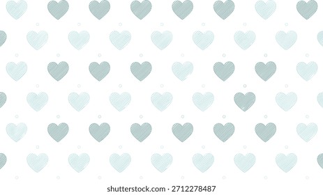 Padrão romântico perfeito com corações verdes sábios claros e escuros rabiscados dispostos em fileiras arrumadas em um fundo branco limpo.