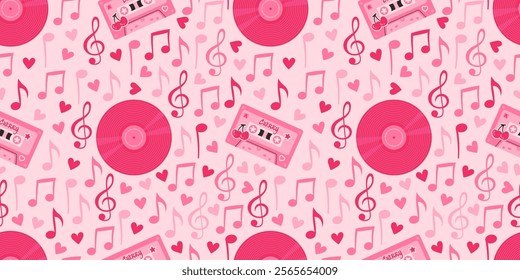 Seamless romantic pattern featuring musical elements like notes, treble clefs, cassettes, and vinyl records with hearts on a pink background. Perfect for Valentine's Day, weddings, and celebrations.