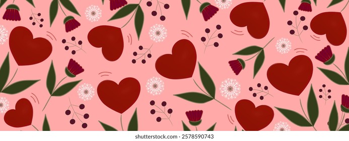 Seamless romantic pattern with floating red hearts, flowers, and green leaves on a soft pink background. Ideal for Valentine’s Day, wedding decor, and love-themed designs.