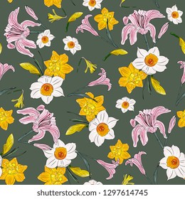 Seamless romantic pattern with flowers and leaves.daffodils and pink lilies, elegant hand drawing, sketch,vintage style.. Illustration can be used for gift wrapping,web pages,printing products,textile