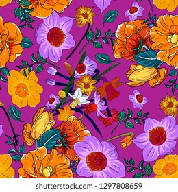 Seamless romantic pattern with flowers and leaves.daffodils and roses, elegant hand drawing, sketch,vintage style.. Illustration can be used for gift wrapping,  web pages, printing products,textile