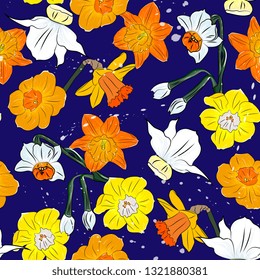 Seamless romantic pattern with flowers and leaves.daffodils,narcissus elegant hand drawing, sketch,vintage style.. Illustration can be used for gift wrapping, web pages, printing products,textile