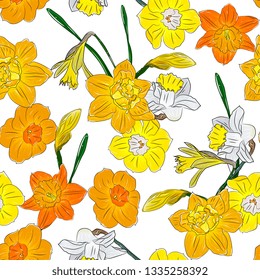 Seamless romantic pattern with flowers and leaves.daffodils,narcissus elegant hand drawing, sketch,vintage style.. Illustration can be used for gift wrapping, web pages, printing products,textile