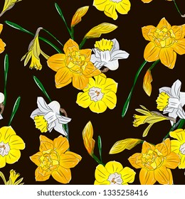 Seamless romantic pattern with flowers and leaves.daffodils,narcissus elegant hand drawing, sketch,vintage style.. Illustration can be used for gift wrapping, web pages, printing products,textile