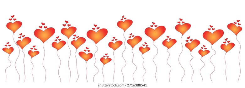 Nahtloses romantisches Muster mit glühenden Herzen, die auf hellem Hintergrund nach oben schweben. Liebe und Valentinstag Vektorhintergrund in warmen roten und orangefarbenen Farben. Perfekt für Grußkarten, Geschenkverpackungen, Verpackungen, Tapeten, Textilien, Social Media und festliches Design.