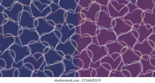 Patrón romántico sin fisuras con corazones de línea de neón brillante sobre fondo azul oscuro y púrpura. Diseño de Vector de amor moderno para San Valentín, boda, tela, papel de embalaje, papelería, impresión, decoración digital.