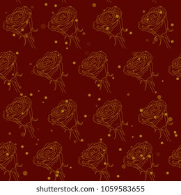 seamless romantic pattern with golden silhouettes roses on  red  background. hand drawing. Valentine's Day, wedding.