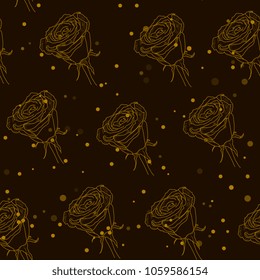 seamless romantic pattern with golden silhouettes roses on  black background. hand drawing. Valentine's Day, wedding.