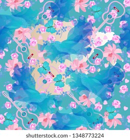 Seamless romantic pattern with guitar silhouettes, blue birds and butterflies, gentle pink flowers and little hearts. Print for fabric, wallpaper.