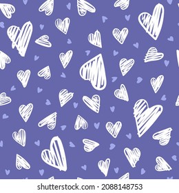 Seamless romantic pattern with hand drawing hearts in trending color. Very peri color background. Vector cute illustration.