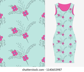 Seamless romantic pattern with hand drawn doodle flowers and isolated mockup dress. Floral seamless pattern for pack paper, packing gift, fabric feminine clothes. eps 10.